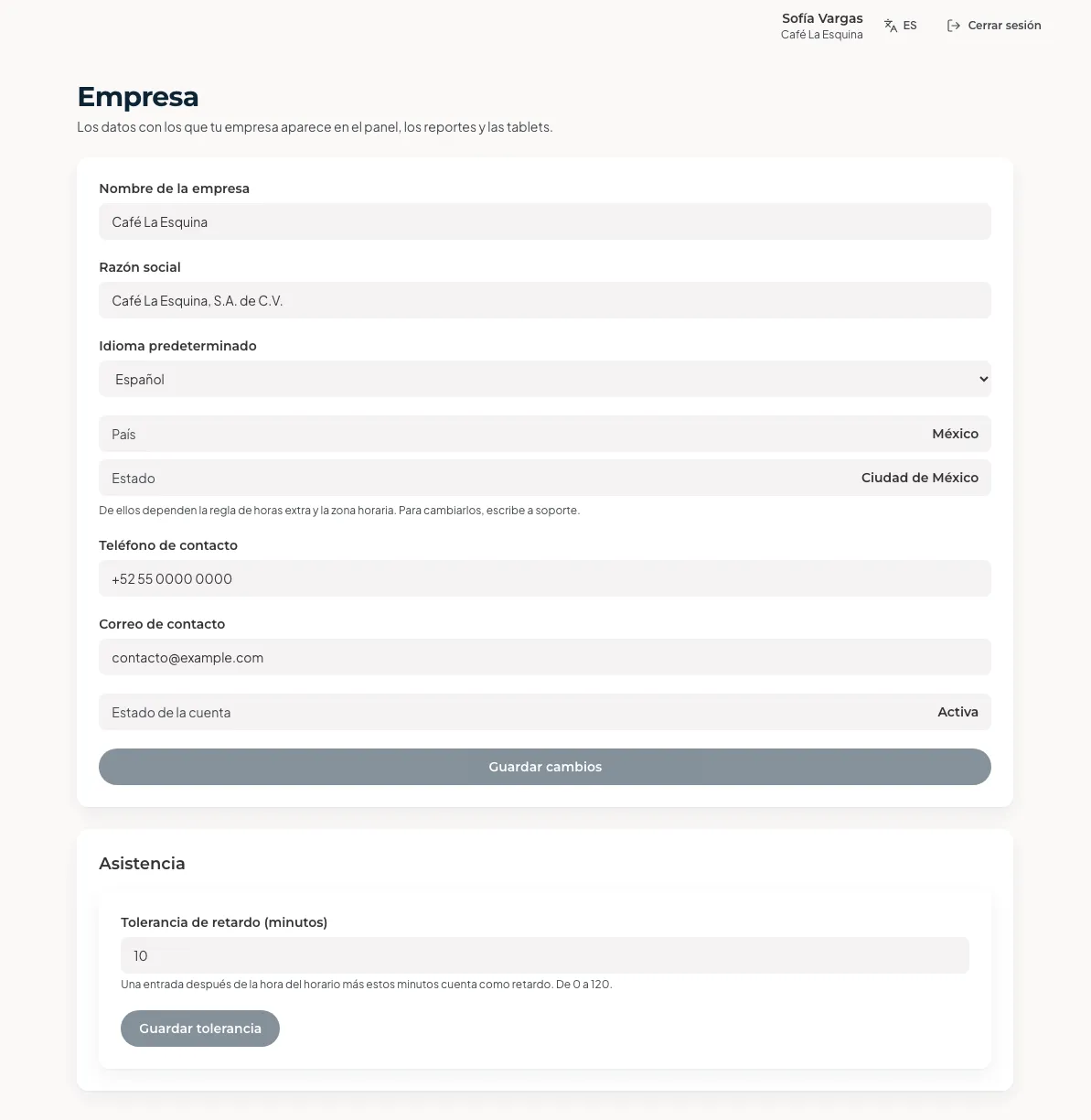 Pantalla Empresa: nombre, razón social, idioma predeterminado, teléfono y correo de contacto.