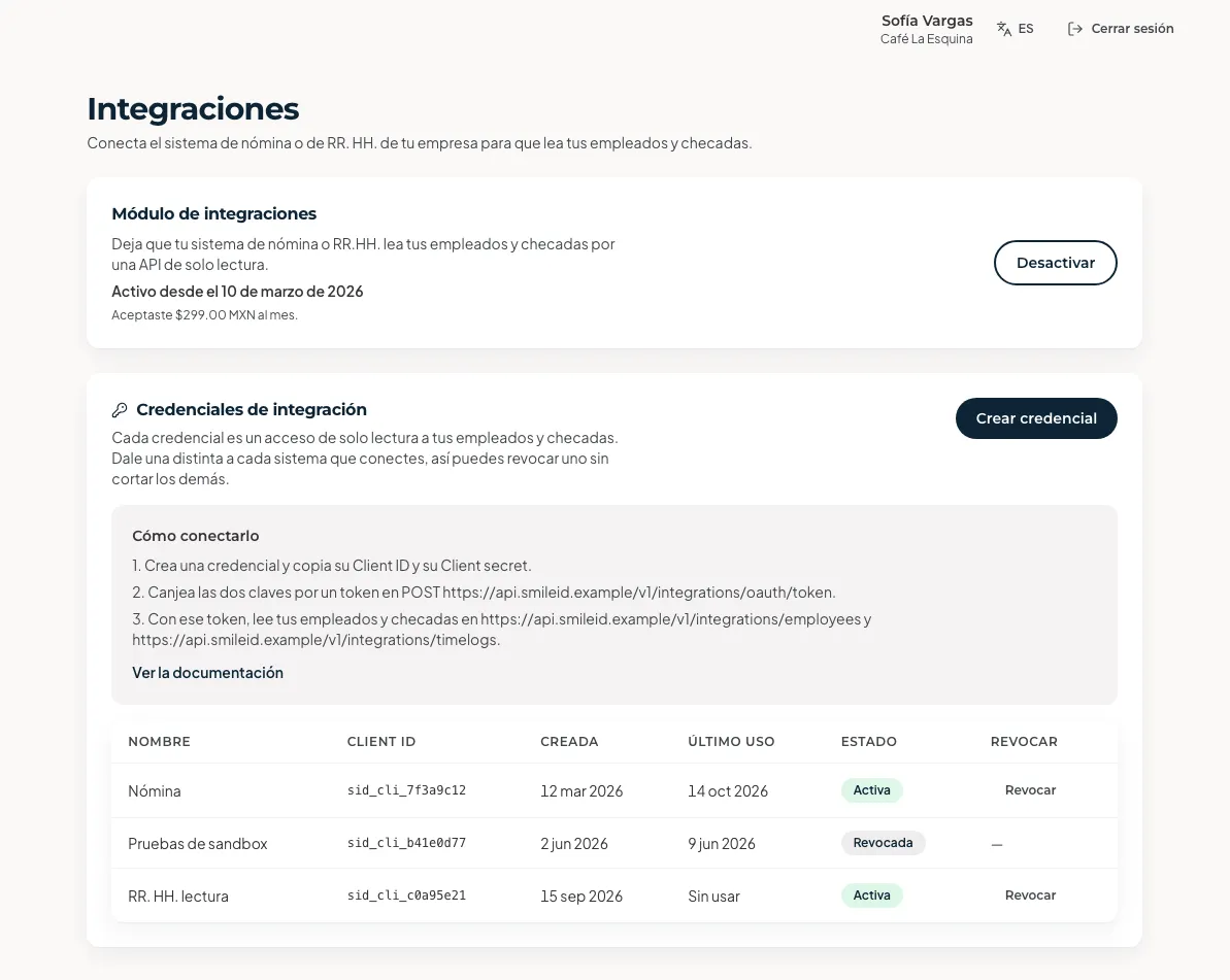 Pantalla Integraciones: el módulo que deja leer empleados y checadas, las credenciales y cómo conectarlas.