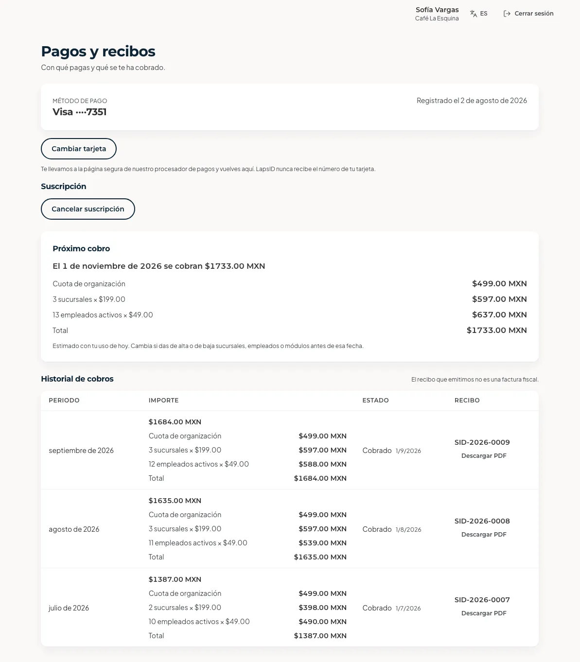 Pantalla Pagos y recibos: el método de pago, el próximo cobro, el historial de cobros y los recibos en PDF.